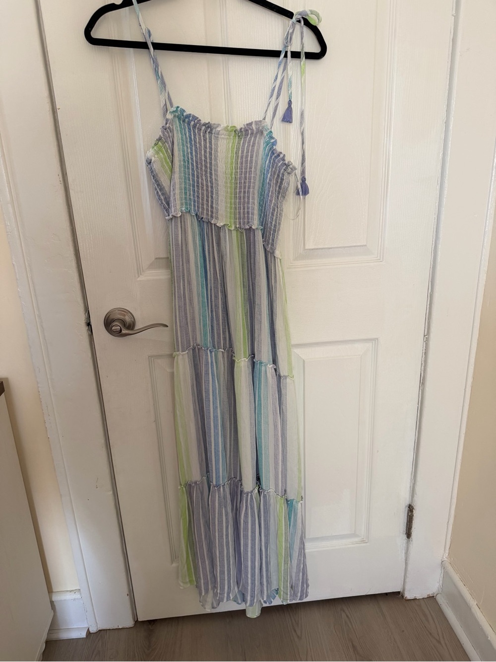 Striped Smocked Maxi Dress in Pastel Blue, Green & White sheer swim coverup